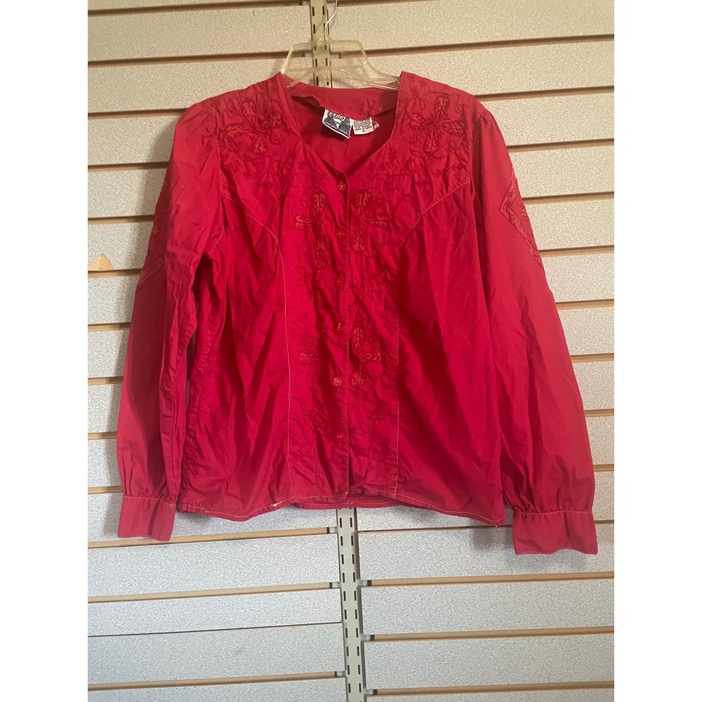 Vintage Blue Canyon Western Wear Red Embroidered Button Down Shirt Top Medium
